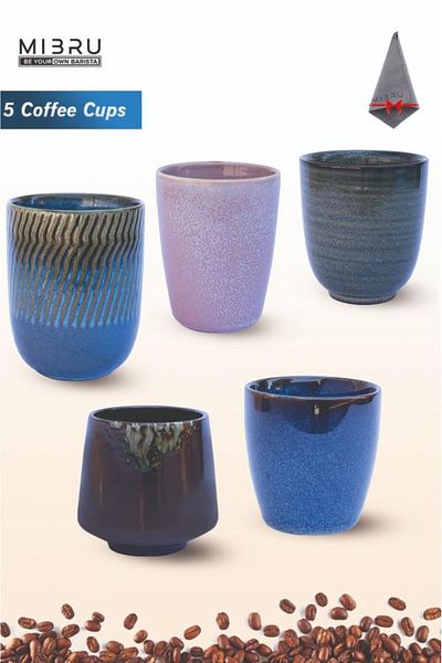 MIBRU Specialty Coffee Mugs Set, Ceramic, Set of 5, Modern Latte Cappuccino Mugs