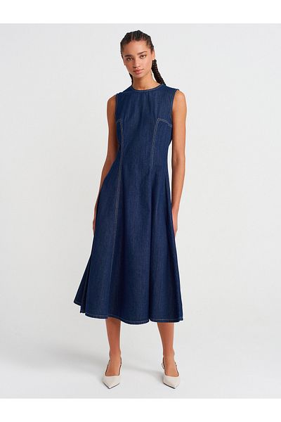 Dilvin 90550 Long Denim Dress with Cups on the Sides-Navy Blue
