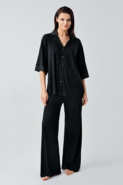 Artış Set de pijamale flexibile, cu mâneci trei sferturi, cu detaliu din satin