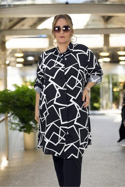 yagmurberen Foldable Sleeve Detail Geometric Patterned Front Buttoned Long Sleeve Oversized Tunic Dress