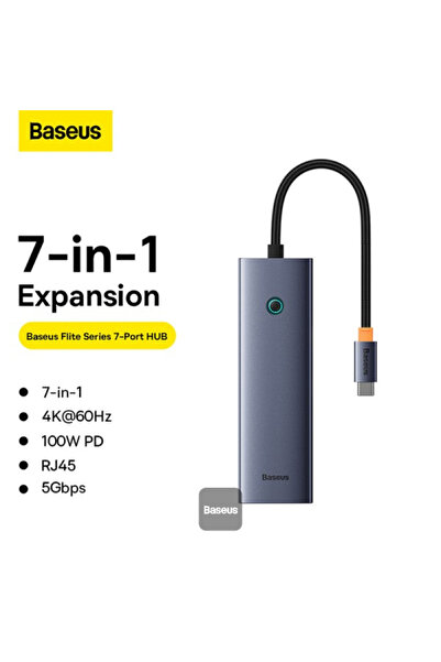 Baseus محطة إرساء Flite Series HUB بـ 7 منافذ - شحن سريع بدقة 4K - PD بقوة 100 وات - منفذا USB 3.0 - HDMI