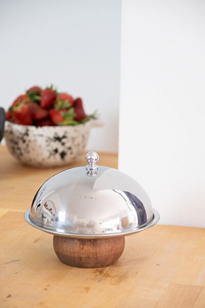 Beige & Stone Steel Dessert Fruit Presentation Jar 16 cm & Metal Stand with Wooden Legs 18 cm