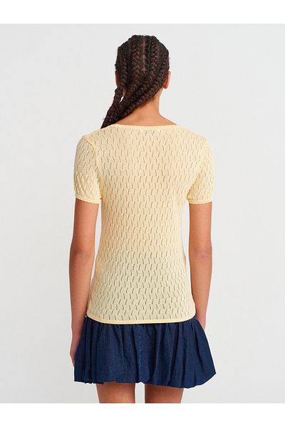 Dilvin 10730 Open Crew Neck Openwork Bow Detailed Thin Knitwear Blouse-Yellow