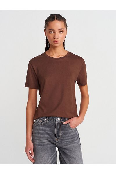 Dilvin 31791 Crew Neck T-Shirt-Light Brown