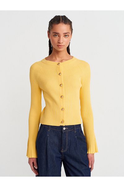 Dilvin 60246 Crew Neck Buttoned Spanish Sleeve Knitwear Cardigan-Dark Yellow