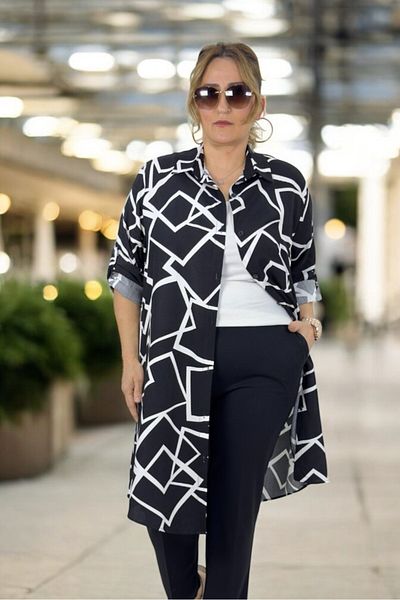yagmurberen Foldable Sleeve Detail Geometric Patterned Front Buttoned Long Sleeve Oversized Tunic Dress
