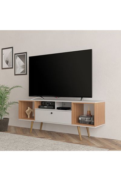 pilati 65" inch modern TV stand for living rooms and homes with drawers and shelves, almond and white color, 160*38.7*62