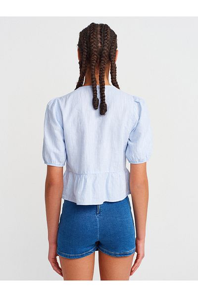 Dilvin 50502 Ribbon Tie Short Sleeve Blouse-Blue