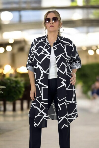 yagmurberen Foldable Sleeve Detail Geometric Patterned Front Buttoned Long Sleeve Oversized Tunic Dress