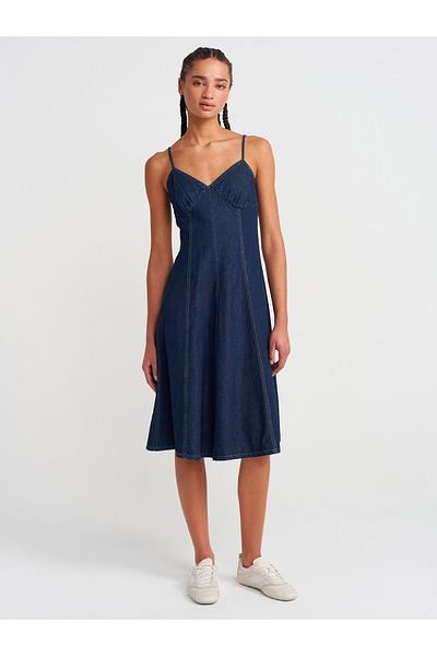 Dilvin 90549 Rochie midi din denim cu bretele-albastru închis