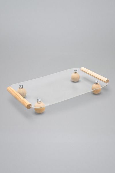 Pikas Plexiglass Transparent Decorative Tray with Wooden Ball Feet, Organizer, Presentation Rack