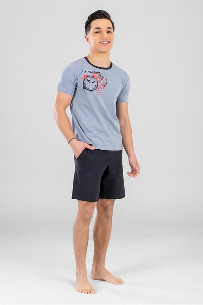 BAYKAR Young Boys Cotton Crew Neck Letter Printed Short Sleeve Shorts Pajama Set 9615 Gray