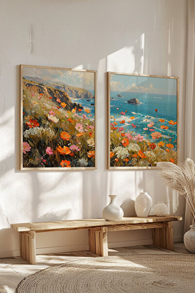 STARYUNA 2 komada set slika sa efektom uljane slike, pogled na more, vintage ...