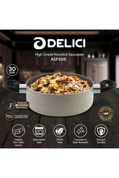 DELICI Aluminium Sauce Pan 30cm- Asp30ie, Aluminium With Granite Ivory Kitchen Cooking Cookware