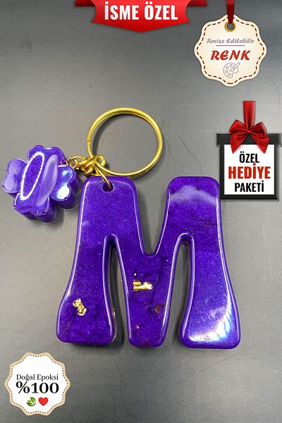BİZİMSÜS M Letter Floral Purple Keychain - Gift Keychain - Epoxy