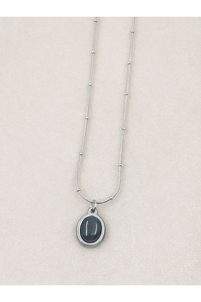 Siya Silver Oval Black Pearlized Snake Chain Blackened Steel Necklace