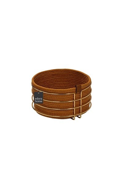 Edora Home Stylish Gold Round Bread Basket - Mustard Wicker Knitted, Macrame, Multi-Purpose Metal Stainless