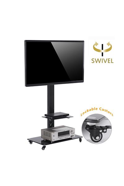 FlashHawk Mobile Floor TV Stand with Tempered Glass Shelf, Height Adjustable Rolling Cart