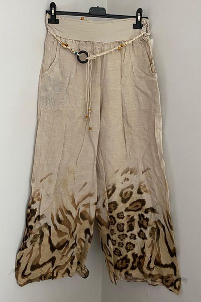 AYASOFYA OTANTIK Women's Italian Beige Rope Belt Detailed Loose Wide Leg Linen Trousers with Side Pockets