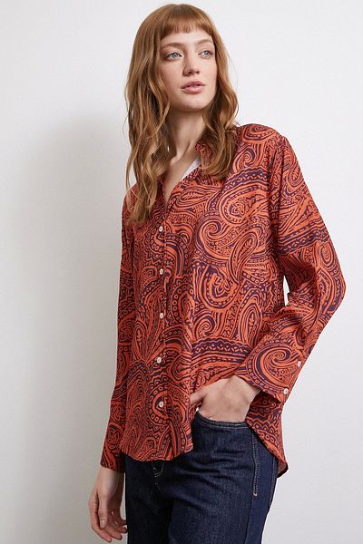 Never more Orange Patterned Wafer Satin Shirt