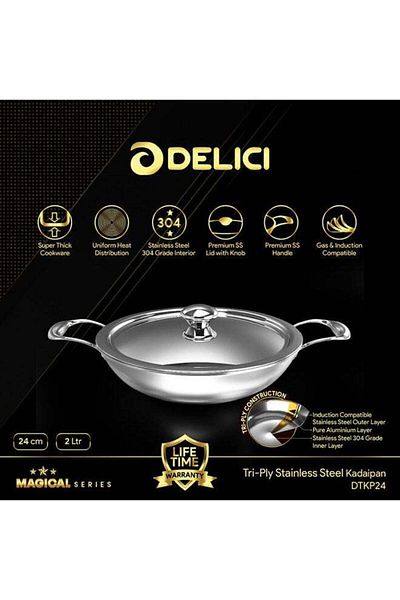 DELICI Tri Ply Stainless Steel Kadai Pan Dtkp24 - 2l Capacity, Dishwasher Safe Cooking Kitchen Pot