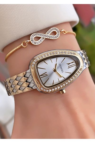 Homies Brand Gold Silver Color 2 Years Warranty, Stainless, Waterproof, Rhinestone, Women's Wristwatch +Bracelet