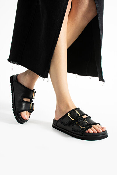 walviss Papuci negri ortopedici ajustabili cu cataramă dublă din piele naturală Magnetti