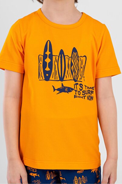 BAYKAR Erkek Çocuk Pamuklu Bisiklet Yaka Baskılı Kısa Kollu Şortlu Pijama Takımı 9613 Sarı