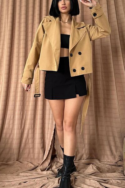 Femella Women Fashion Camel Belted Short Trech Jacket