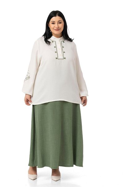 DISENTIS MODEST Set de două piese kaki cu fustă bluză cu broderie de mărime mare