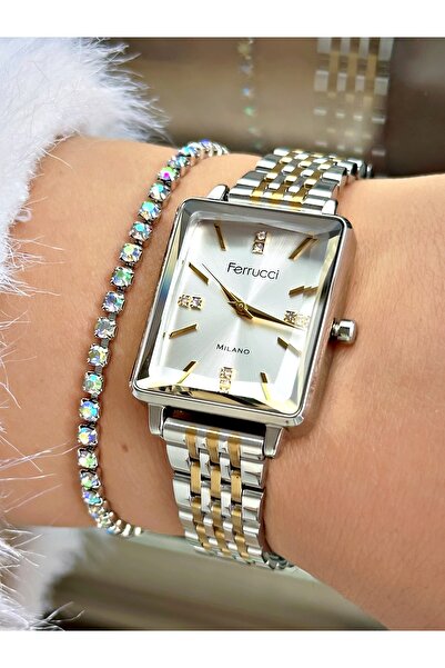 Ferrucci FERRUCCİ KARE KESME CAMLI GOLD GÜMÜŞ METAL KADIN KOL SAATİ