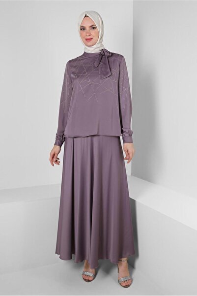 Alvina Taş Detaylı Eteği Piliseli Saten Takım 43666