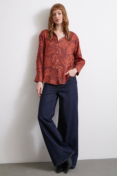 Never more Orange Patterned Wafer Satin Shirt