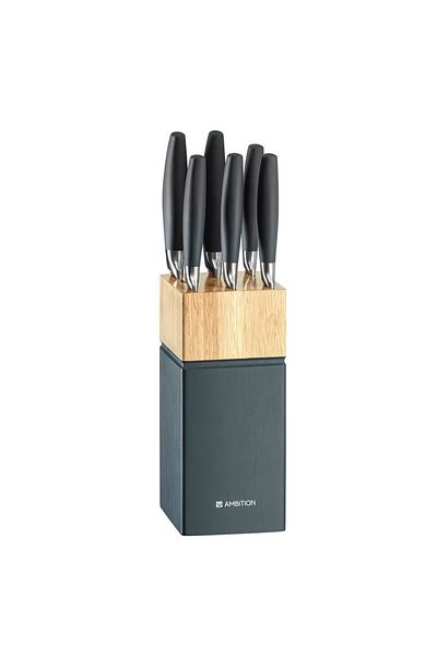 Ambition Knife set, 7 pieces, gray wooden block, Silvery