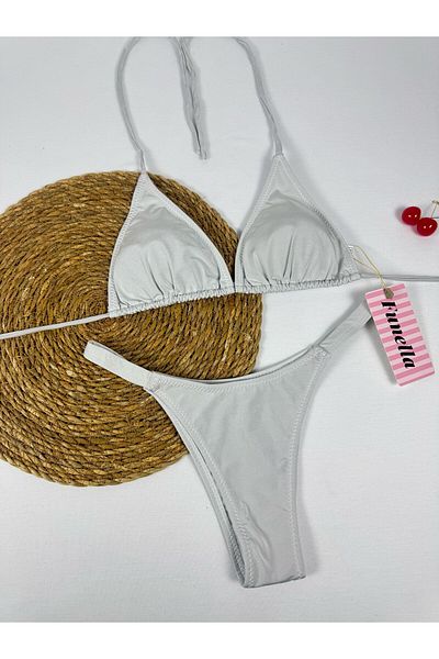 FUNELLA Gray Color Bright Fabric Halter Triangle Bikini Set