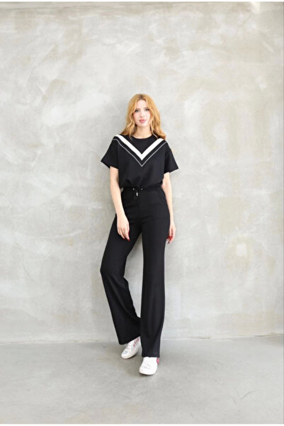 IVORA WEAR Σετ κοντομάνικο με λεπτομέρεια από ύφασμα με μαλακή υφή Sky Moda Osy Modal - Μαύρο