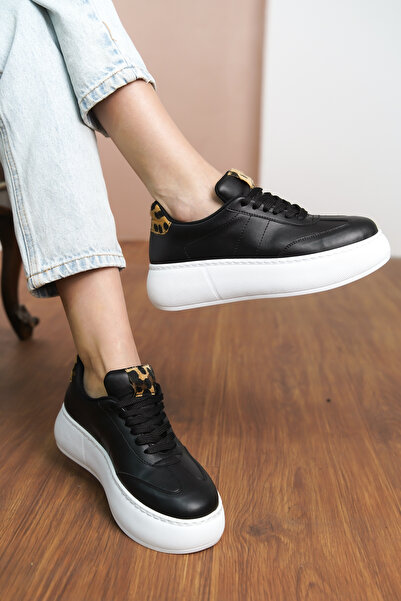 Moda Değirmeni Black Skin Women's Leopard Patterned Thick Sole Sneaker Md1165-101-0002