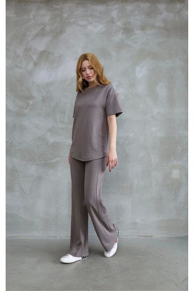 Viyamo Osy Modal Soft Textured Fabric Crew Neck Stone Λεπτομερές κοντομάνικο σετ - Vision