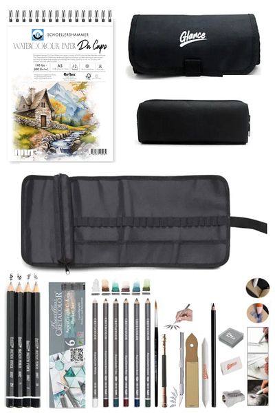GLANCE 300 g Watercolor Notebook A5 12 Sheets Aquarell-Black Pen with Pocket 24 Divisions + Pen Case