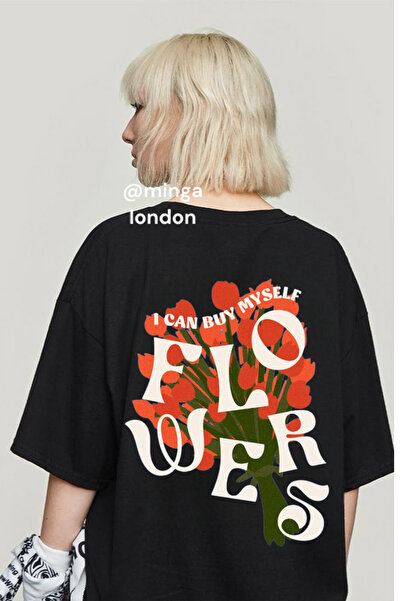 Minga London تي شيرت أسود للجنسين مطبوع عليه زهور مايلي سايروس من الأمام/الخلف مقاس كبير -Minga London