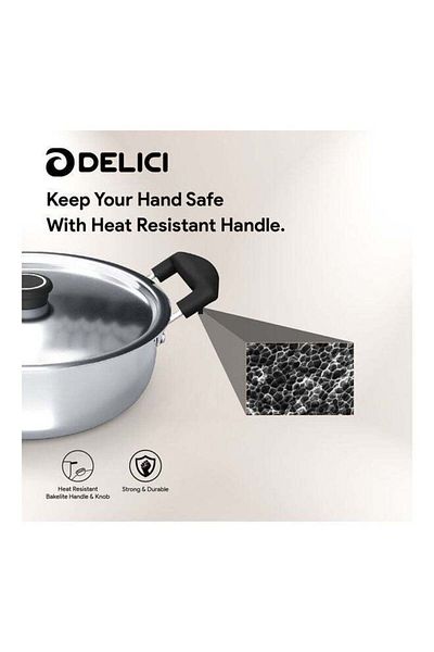 DELICI Stainless Steel Kadai Pan 22cm - Dkp 22b, Heat Resistant Handle & Knob Oven Safe Dishwasher Safe-