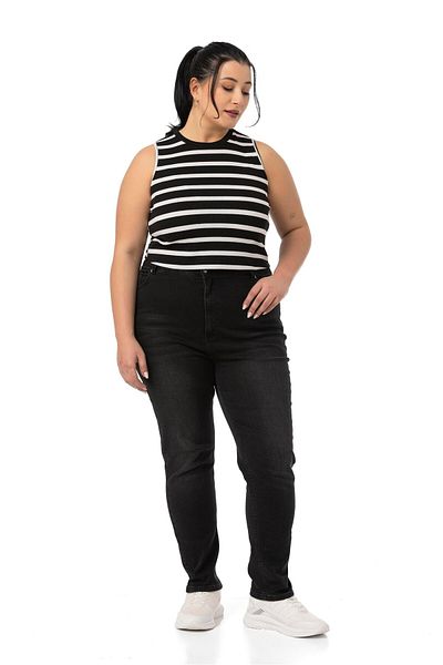 DISENTIS MODEST Large Size Thick Striped Short Black and White Bodysuit