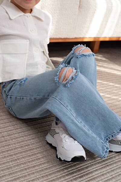 2kids2mom Široké džínové kalhoty s detailem roztržení a nastavitelným pasem (5 - 12 let)