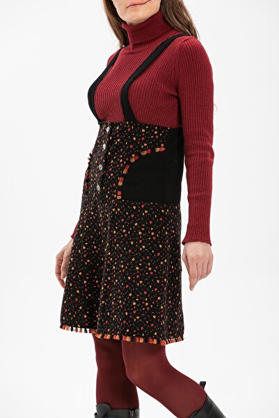 Eliş Şile Bezi Salopet Flannel Short Autumn and Winter Skirt Crisp Pattern Black Syh