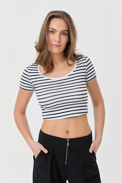 bilcee Γυναικείο λευκό μαλακό ριγέ Crop Body 9716
