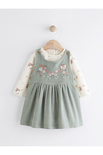 Next Baby %100 Pamuklu Yeşil Çiçek Nakışlı Uuzn Kollu Body Zıbın Kilotlu Çorap 3'lü Set