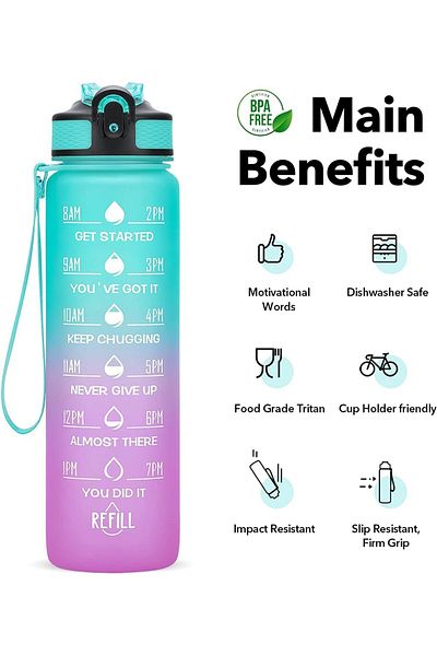 Generic Fly Depot Water Bottle 1L / 32oz with Motivational Time Marker Straw Strainer Tritan Plastic BPA Fr
