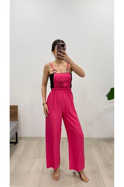 Nazline Women's Strap Buckle Front Pocket Detailed Long Linen Textured Elastic Waist Salopet