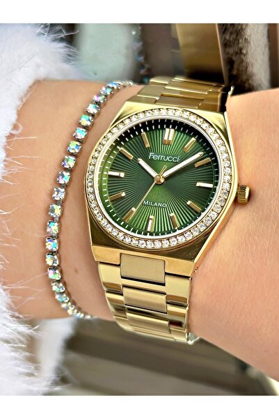 Ferrucci FERRUCCİ YEŞLİ KADRANLI TAŞLI GOLD METAL KADIN KOL SAATİ