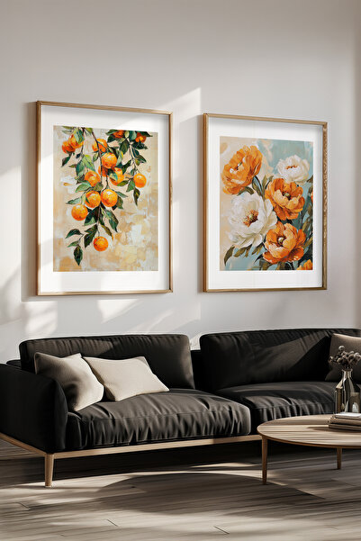 STARYUNA Yağlıboya efektli portakallı çiçekli vintage ahşap çerçeveli 2'li tablo seti Yuna111